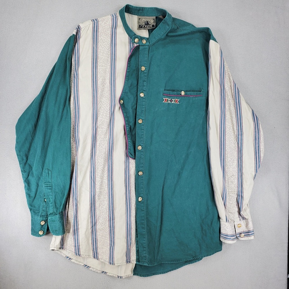 Spindle River Button Up Shirt L Teal Colorblock Geometric Grandad Band Collar